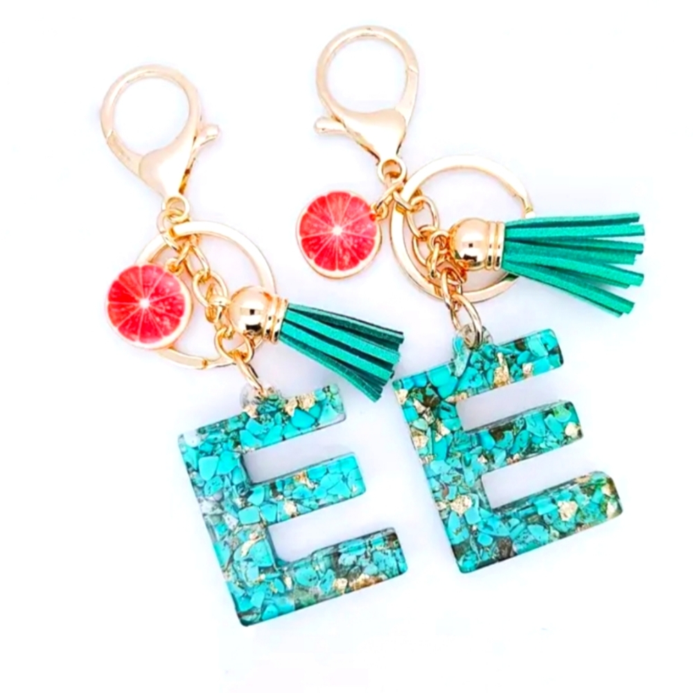 NEW! Resin Letter "E" Initial Keychain Purse 🎒 🚗  Charm w/ Fruit & Tassel